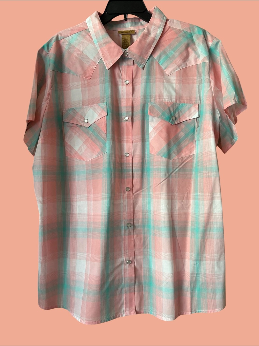 Wrangler Pastel Pink and Mint Plaid Women's Short-Sleeve Button-Down Shirt